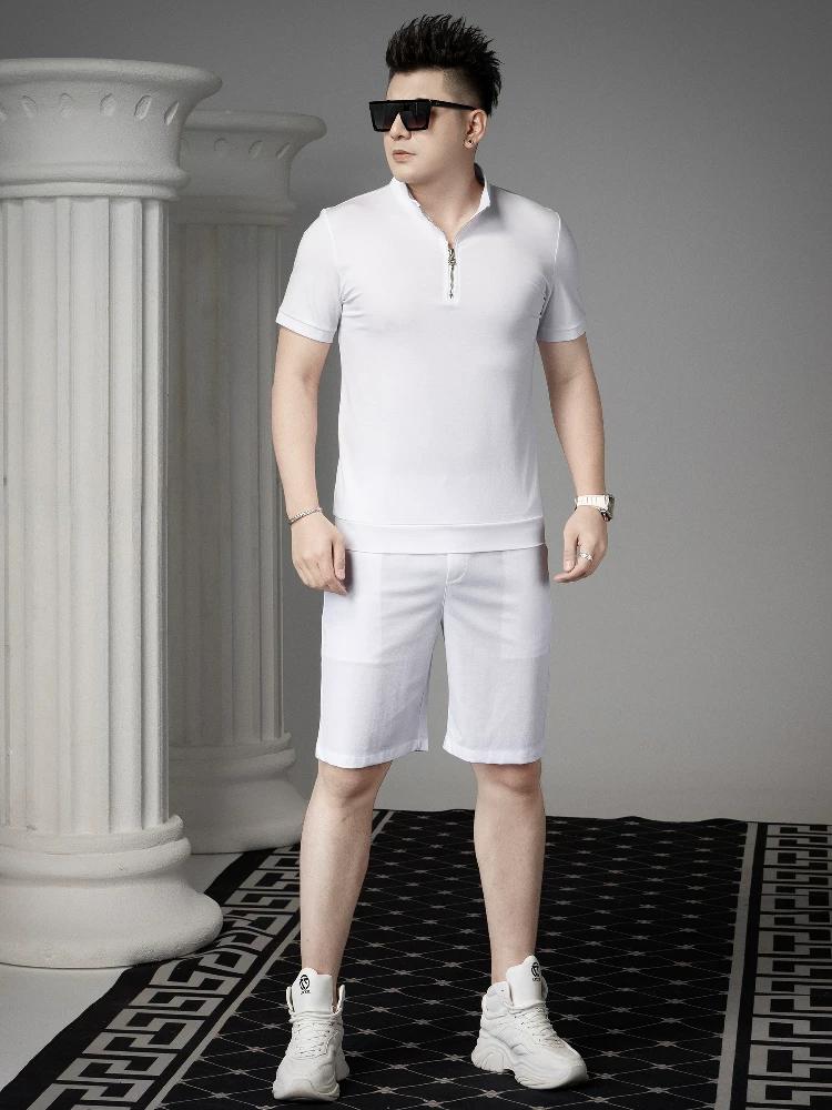 European-Style Solid Color Casual Suit Men's Half-Zip Polo Shirt 2025 Summer New Short-Sleeve Five-Point Pants Two-Piece Set