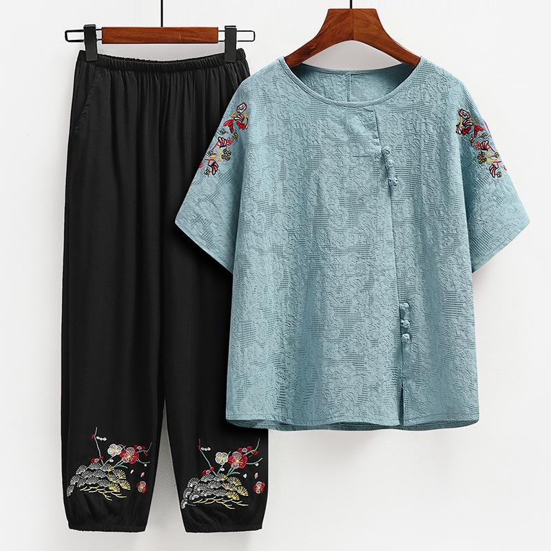 Sommerkleidungsanzug für Mütter mittleren Alters Baumwoll-Leinen Kurzarm-T-Shirt Wadenlange Hosen Sets Für Damen 2-teiliges Outfit