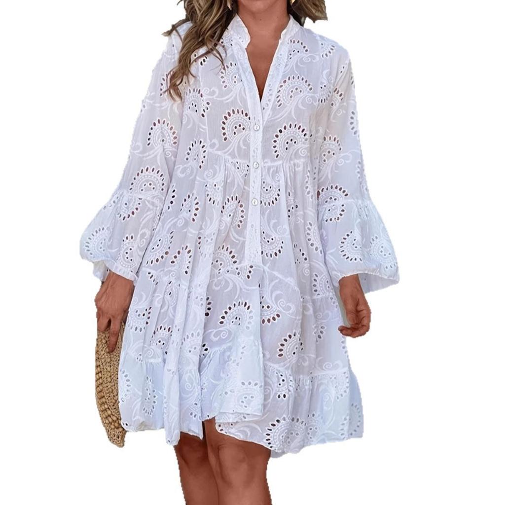 European and American new women's clothing spring and summer solid color V-neck loose hollow sexy shirt dress