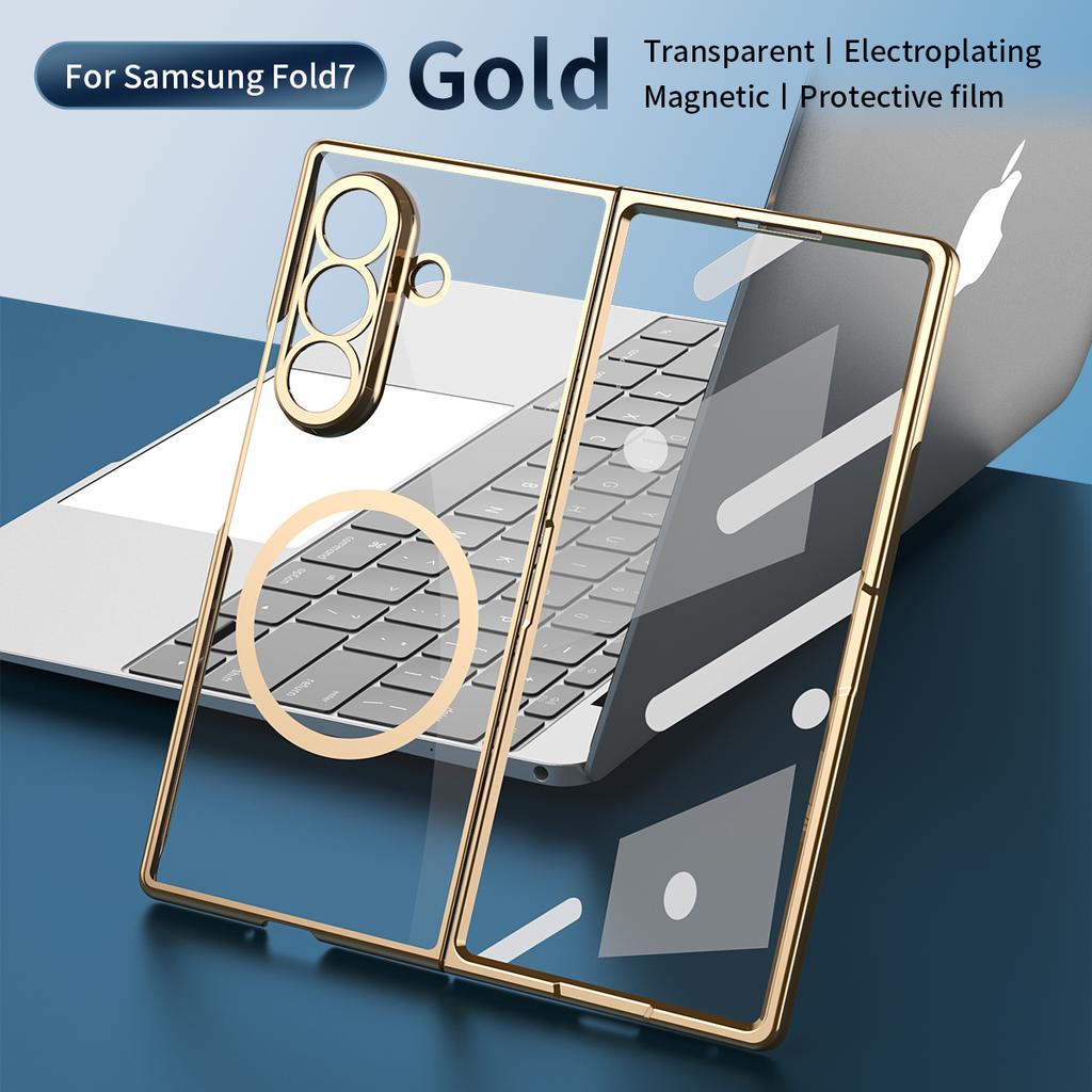 Magnetic Clear Transparent PC+TPU Phone Case for Galaxy Z Fold 7/6/5/4 with Glass Film Protector Shockproof Back Cover
