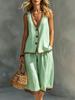 Women 2 Piece Outfit Sleeveless V Neck Button Vest & Capri Culottes Set Summer Holiday Casual Linen Look Suit