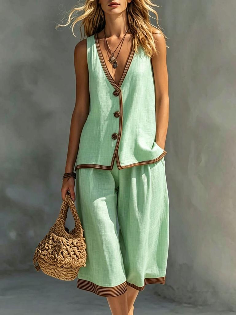 Women 2 Piece Outfit Sleeveless V Neck Button Vest & Capri Culottes Set Summer Holiday Casual Linen Look Suit