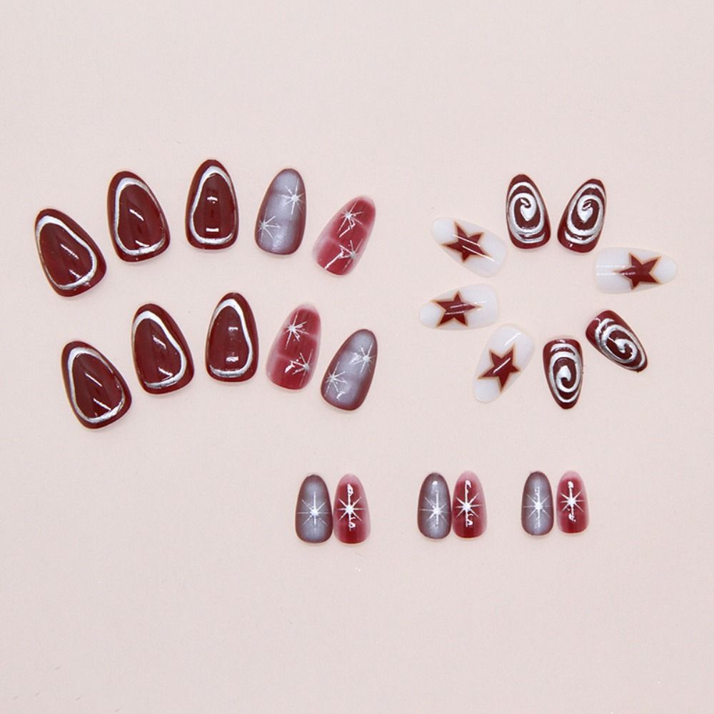 24pcs Long Almond False Nails Starry Golden Ripple Aurora Butterfly Strawberry Fake Nails Detachable French White Edge