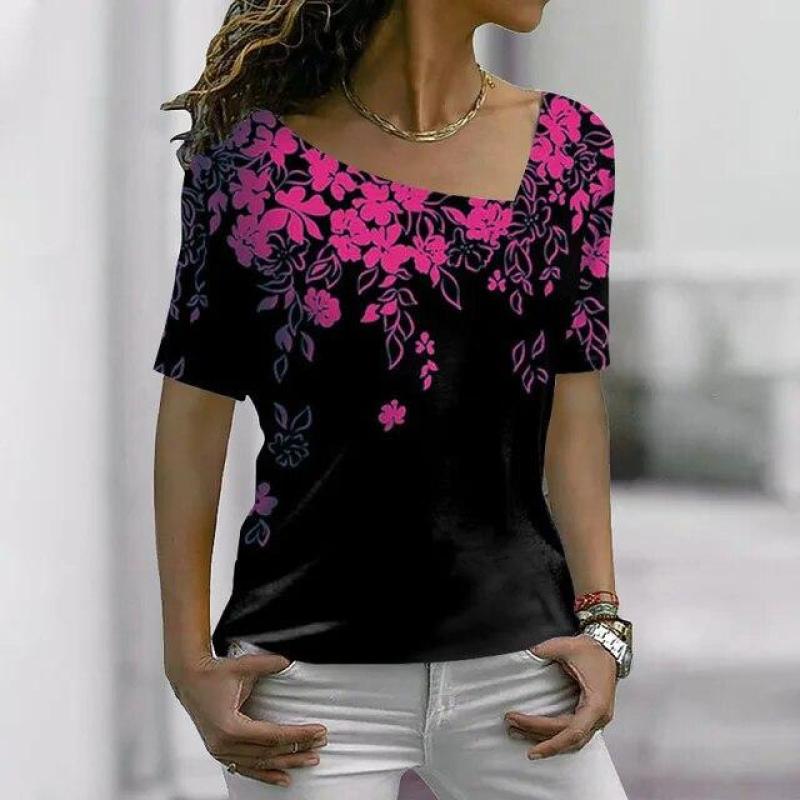 Summer Women's T-shirts 3d Flower Print V Neck Short Sleeve Tops Casual Ladies T Shirt Fashion Harajuku Tees Women Clothing Y2k