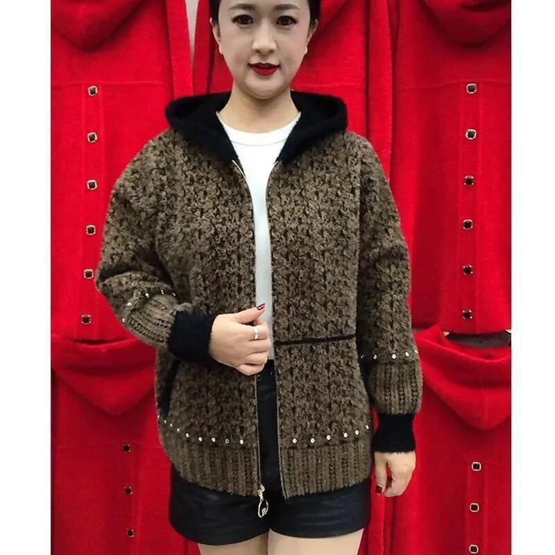 Middle-Aged Women's Knitwear Cardigan High-Quality Mink Velvet Jacket Female Autumn Winter Short Hooded Sweater Coat