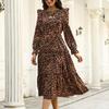 Retro Women's Clothing Autumn and Winter New Leopard Print Ruffle Edge Long-sleeved Dress Medium and Long