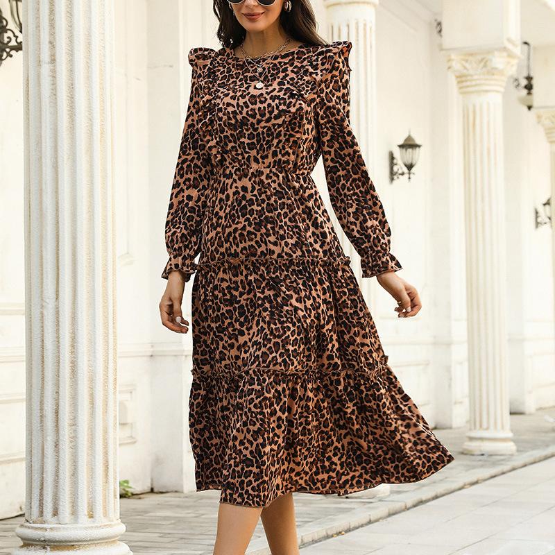 Retro Women's Clothing Autumn and Winter New Leopard Print Ruffle Edge Long-sleeved Dress Medium and Long