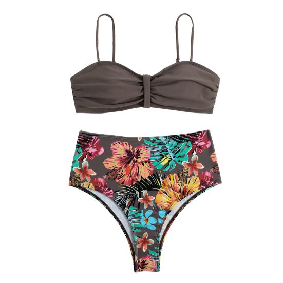 

2 шт./компл. сладкий пляжный комплект бикини с цветочным принтом, комплект из двух предметов для плавания, быстросохнущий женский купальник, женская одежда L кофейный