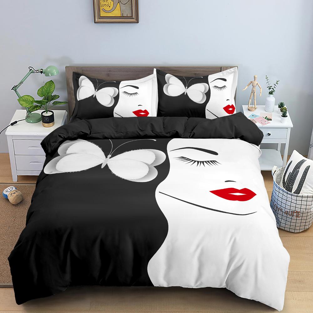 Hand-Drawn Woman Portrait Duvet Cover Set Microfiber Black And White Floral Background Bedding Set For Girls 2/3Pcs Quilt Cover