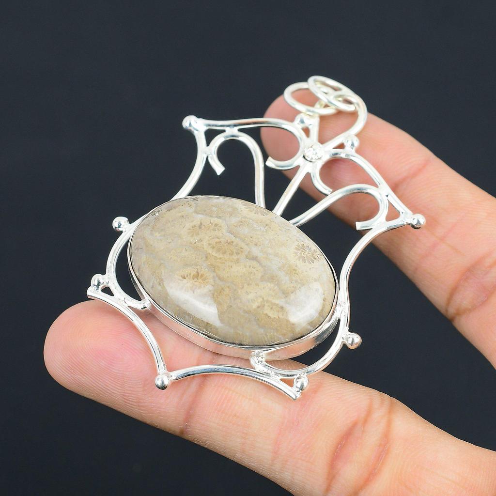 Natürlicher Fossilienkorallen Edelstein Anhänger Grau 925 Sterlingsilber Indischer Schmuck