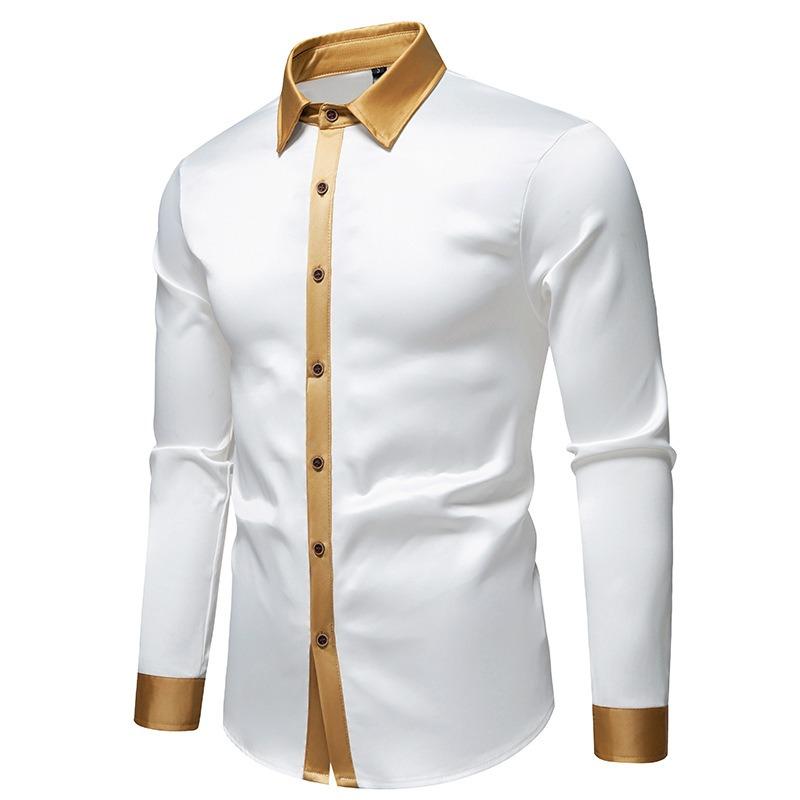 Men S Fashion Satin Smooth Color Block Long Sleeve Shirt