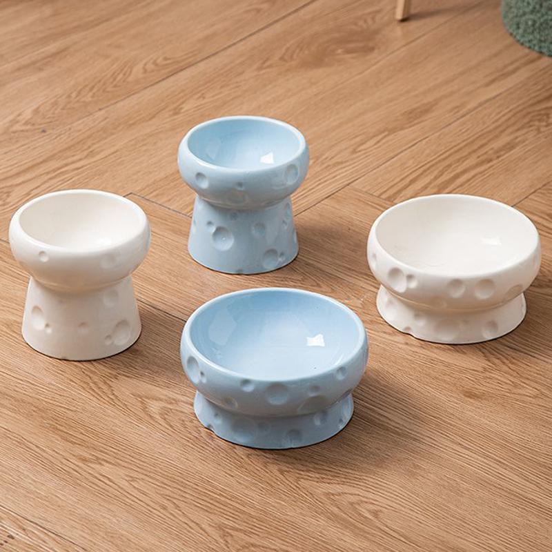 Ceramics Cat Bowl With Cheese Design Cat Food Bowl Water Plate Snack Dish Large Caliber Anti-Tip With Stand For Neck Protection