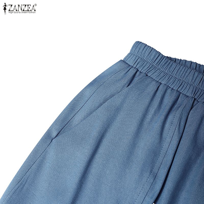 ZANZEA Lässige, elastische Taille, einfarbige, lockere, verkürzte Hose für Damen