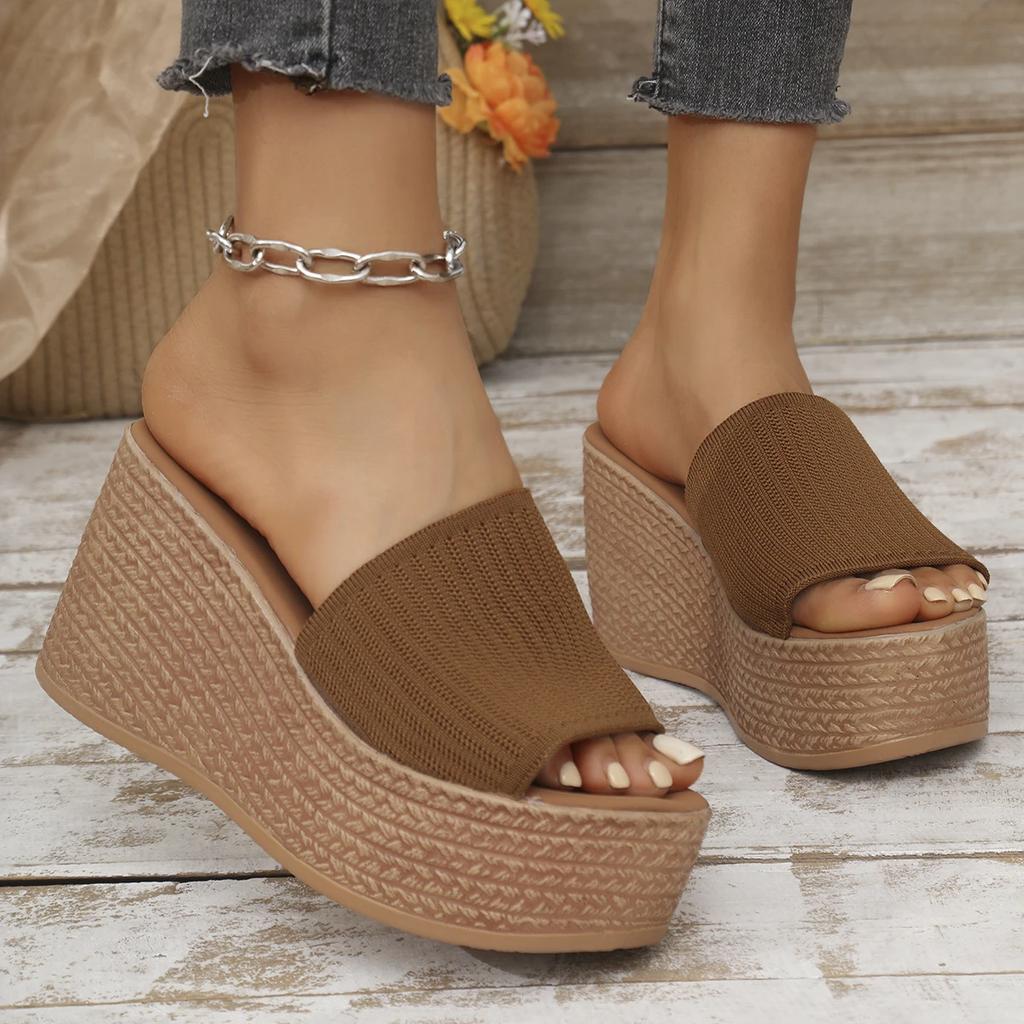 Fashion Elastic Fabric Chunky Platform Slippers for Women Thick Bottom Non Slip Summer Sandals Woman Fashion Wedge Heel Sandalias Mujer