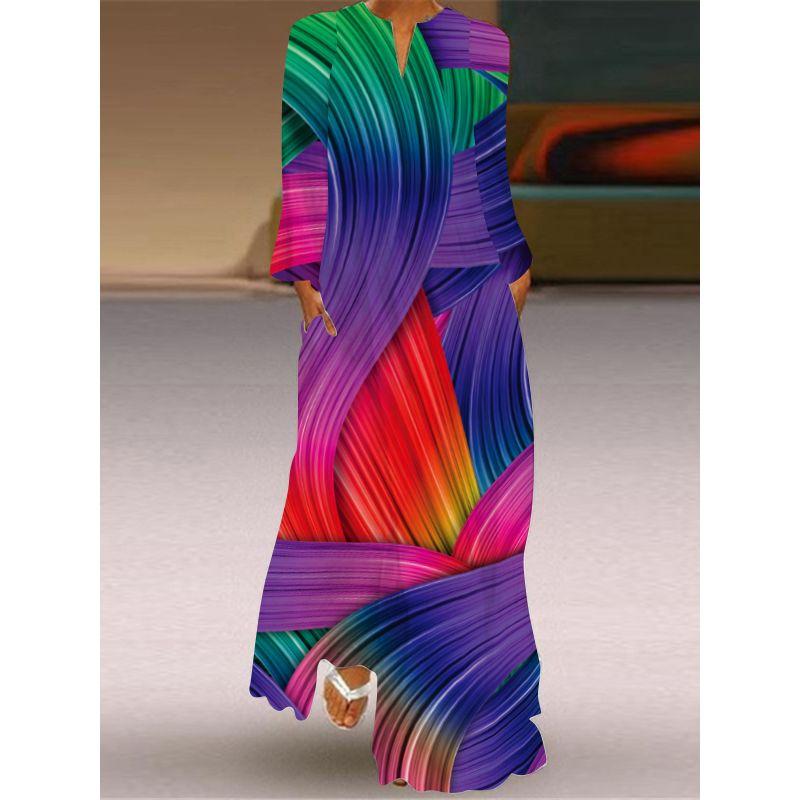 New Chinese Style Chinese Style Skirt Elegant Sexy Long Sleeves 3D Print Long Skirt Loose Plus Size Women's Clothing Long Dress