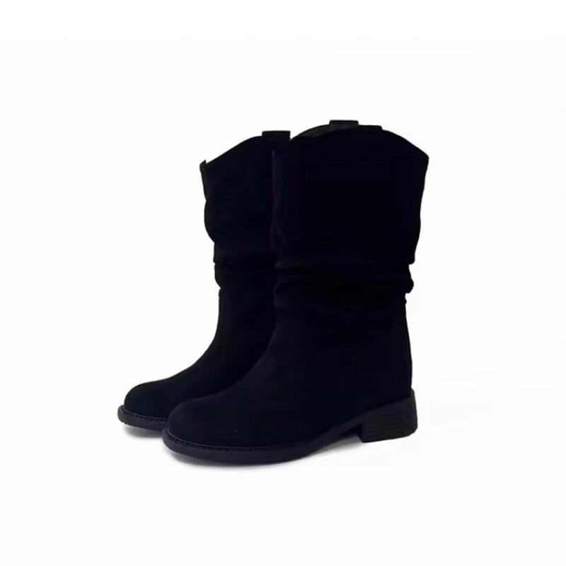 Sun Qian Pleated Pile Boots Coarse Heel Maillard Medium Boots Western Boots Skinny Boots