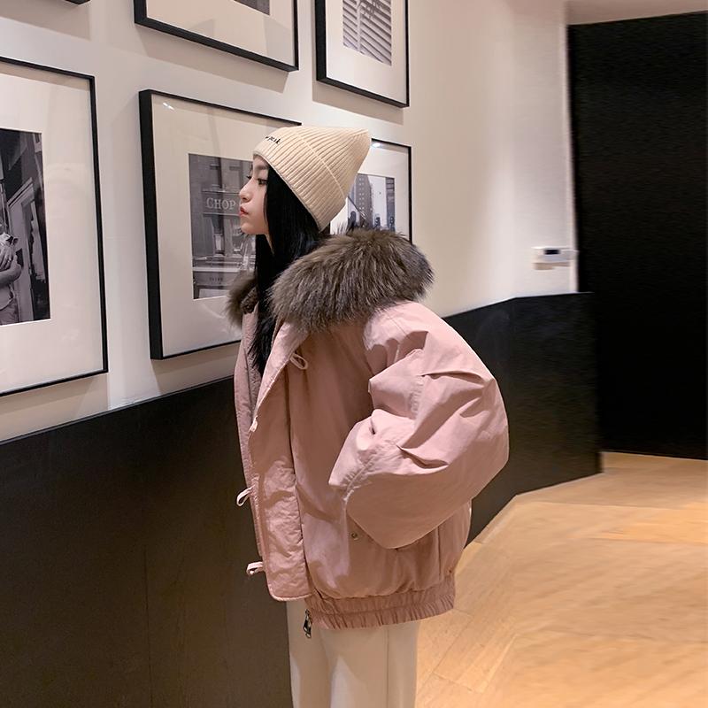 Korean Style Women Hooded Short Coat Horn Buttons Big Fur Collar Winter Warm Thickened Workwear Jacket