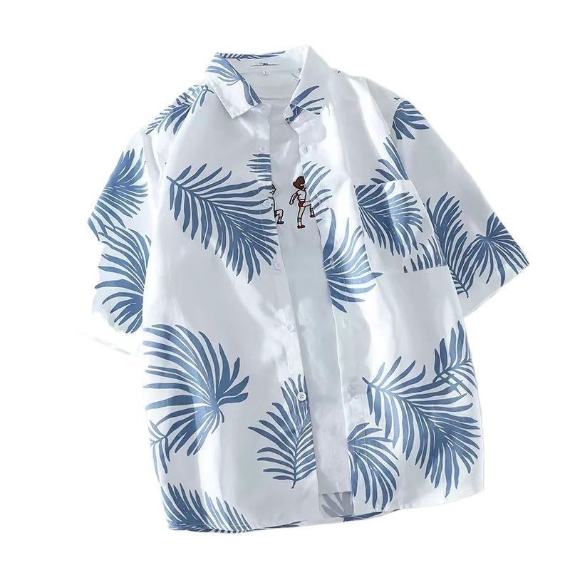 Retro Baumblatt Ananas Floral Kurzarm Sommer Vielseitig Unisex Strandhemd