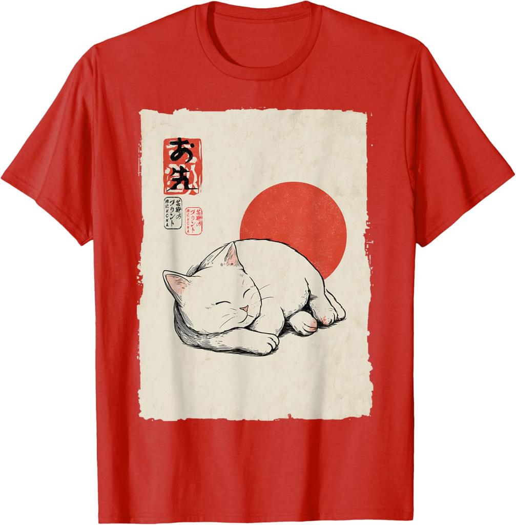 Gatto Bianco Dormiente Arte Giapponese Stile Ukiyo E Maglietta Grafica Casual in Cotone