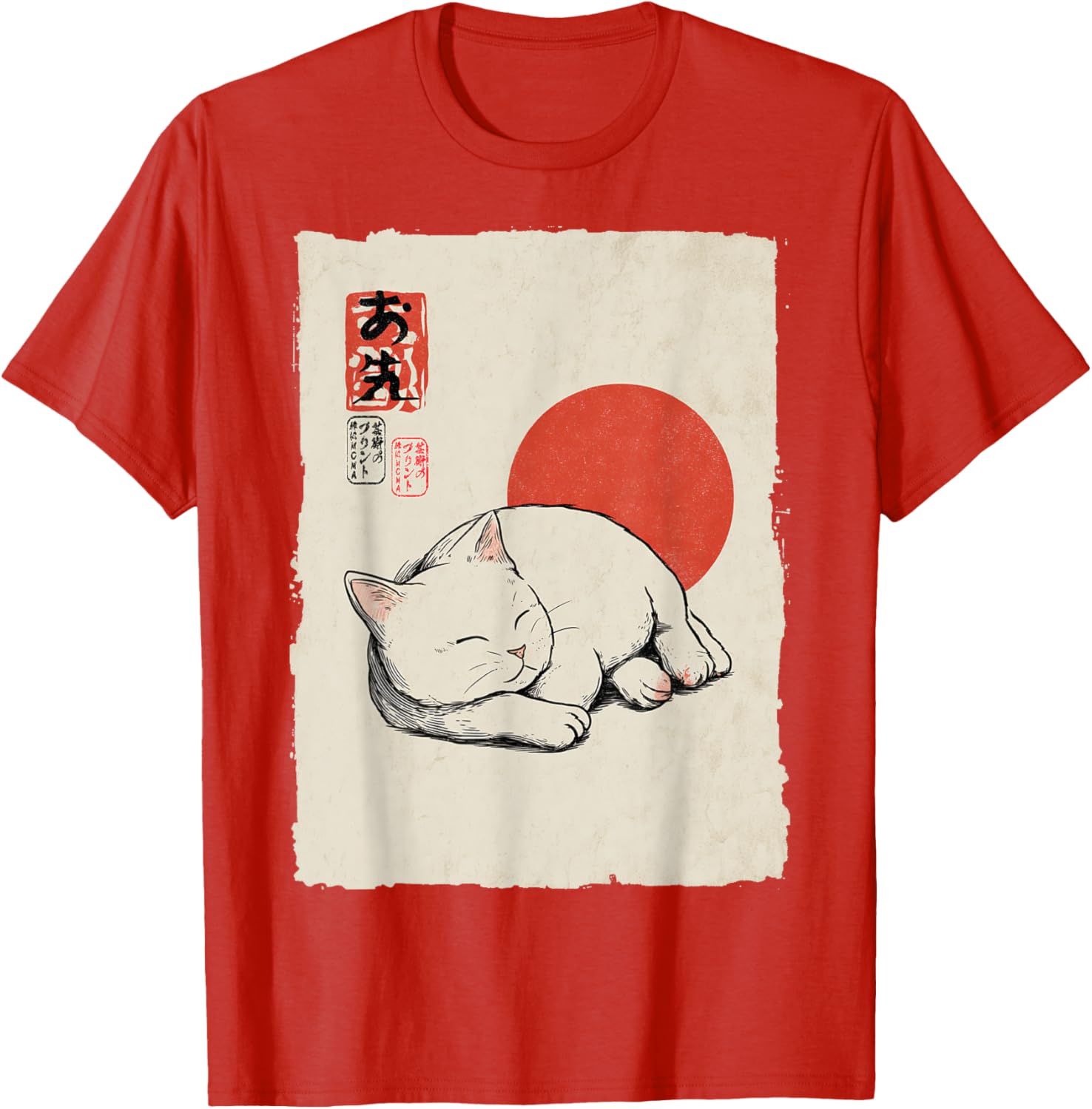 Sleeping White Cat Japanese Art Ukiyo E Style Graphic Tee Casual Cotton TShirt S