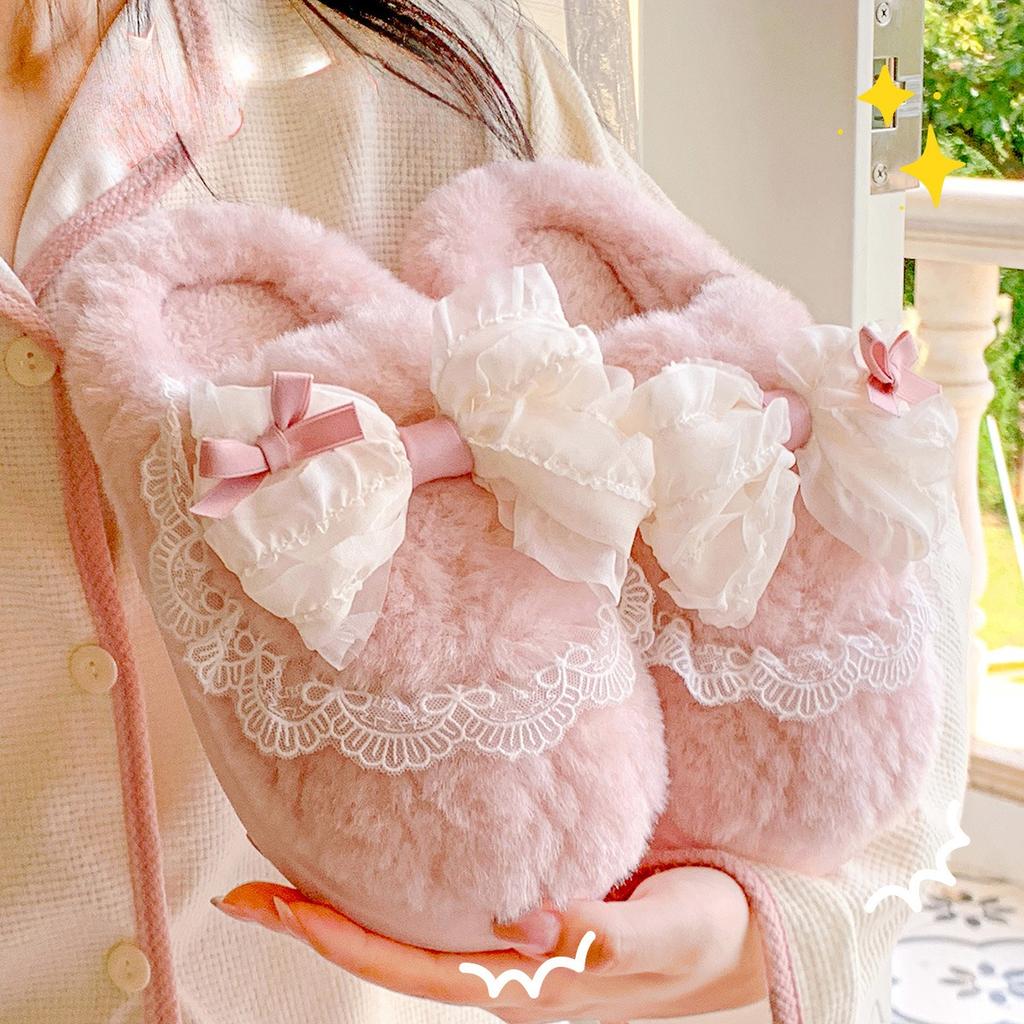 Women's Platform Cotton Slippers Winter Bow Knot Non Slip Home Slippers Thicken Warm Lightweight Comfortable Plush Shoes