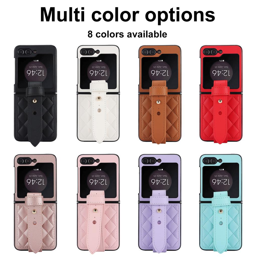 For Samsung Galaxy Z Flip 5 4 3 Case Elegant Soft Plain Leather Wrist Strap Holder Shockproof Protective Back Cover Accessories