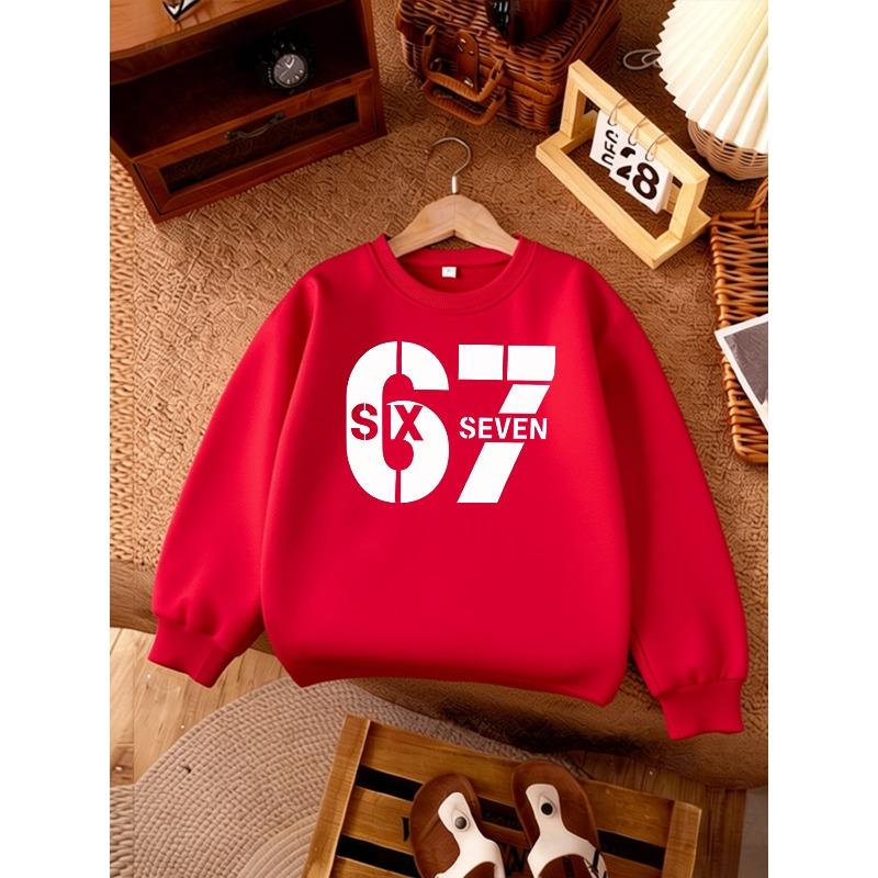 Kids Unisex Crewneck Sweatshirt, Minimalist Block Split 67 SIX SEVEN White Print Long Sleeve Pullover, Soft Fleece Sweatshirts for Boys Girls Ages 4+