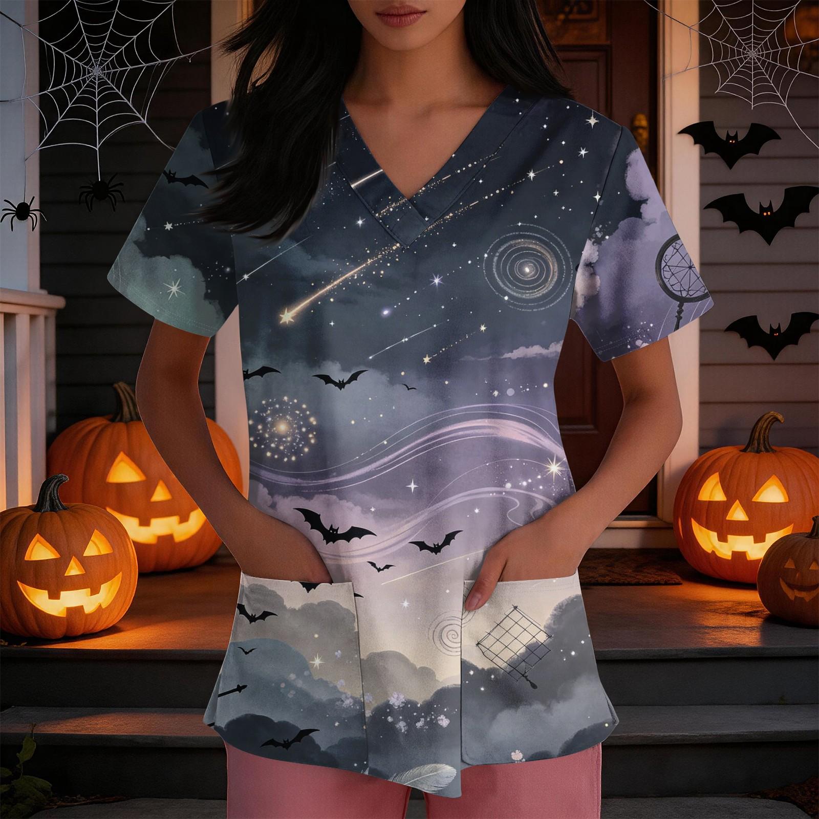 Women s Loose Fit Halloween Costume Dress with V-Neck Side Slit Short Sleeve Printed XL