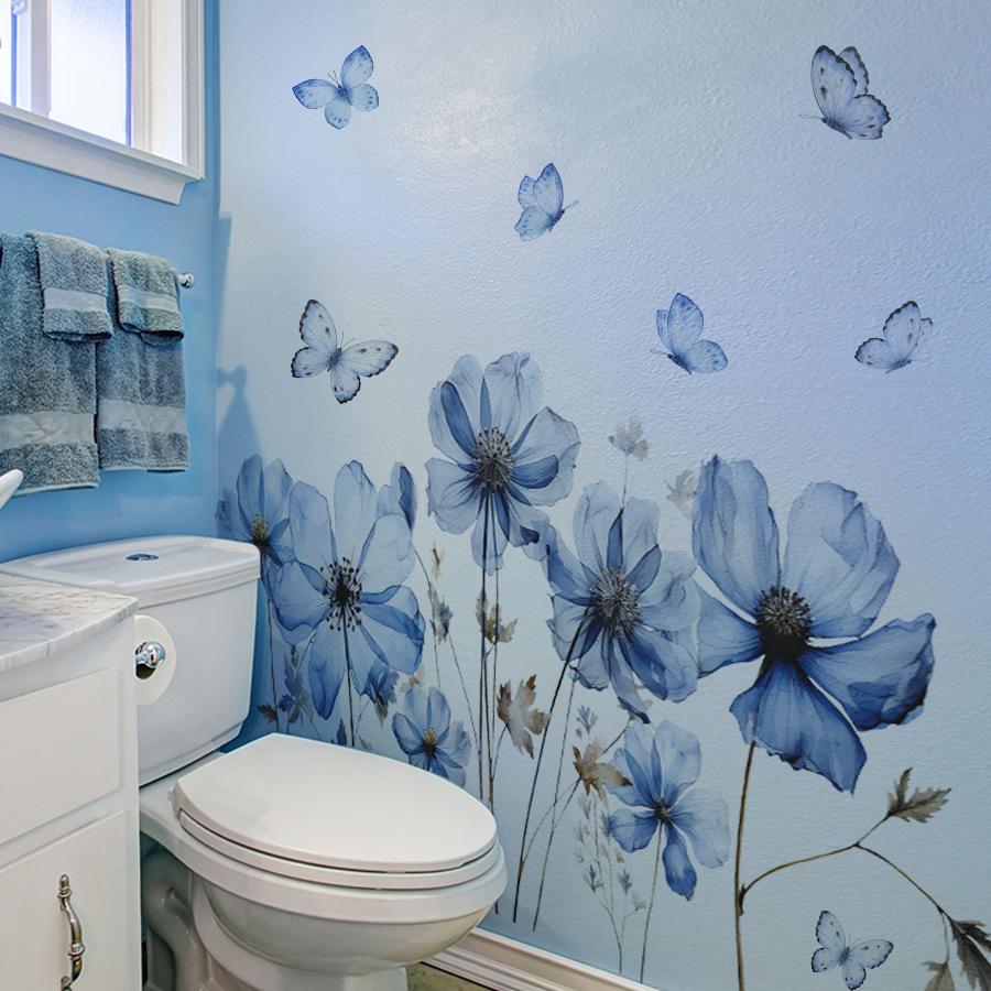 Fresh Blue Butterfly & Flower Wall Sticker Self-Adhesive Decal for Bedroom Living Room Entrance Home Decor