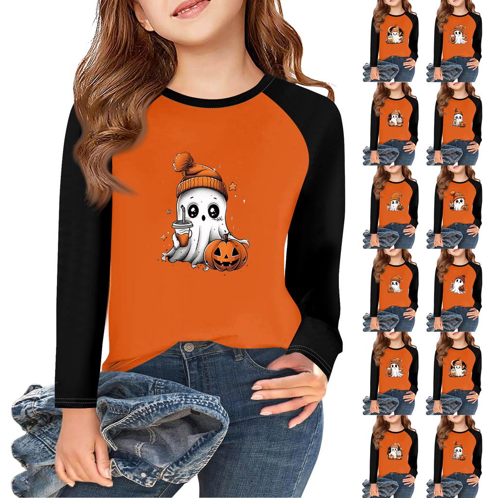 Girls Long Sleeve Halloween Day T Shirts Kids Fall Tops Crewneck Basic Tees 5-14Y