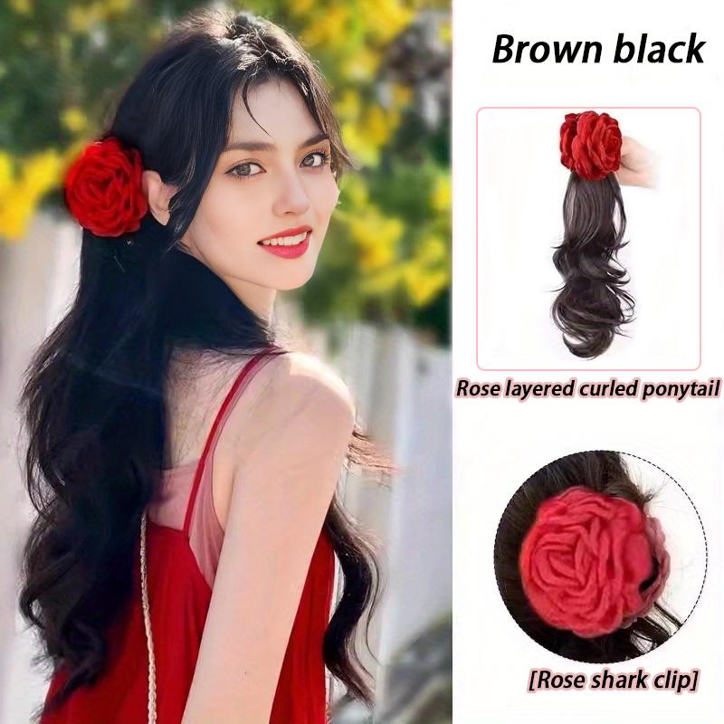 A Ponytail Wig with a Red Rose Grip and a Curled Side The Ponytail Is Naturally Sweet and Invisible Wig Braid
