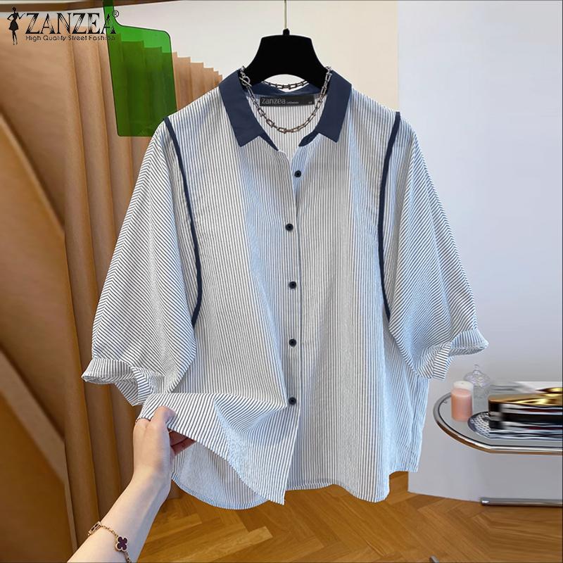 ZANZEA Women Turn Down Collar Loose Casual 3/4 Sleeve Stripe Blouse