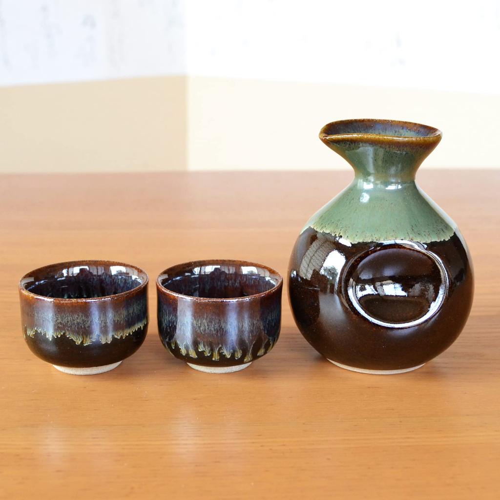 Sake Arita 1 Sake Bottle and 2 Sake Jet Black Ceramic Set, Ware, Cups, Glaze,