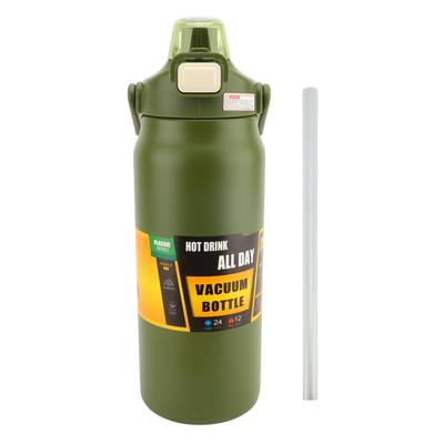 1500ml Izolovaná láhev na vodu s víčkem na brčko a rukojetí, opakovaně použitelná, široké hrdlo, vakuová, z nerezové oceli 304, pro muže