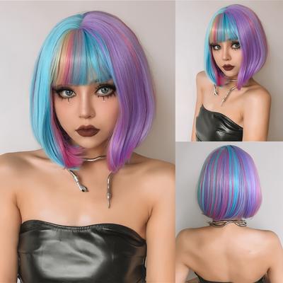 Blue Purple Pink Rainbow Short Straight Bob Synthetic Wig Bangs Women Harajuku Halloween Party Cosplay Costume Hairpiece