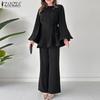 ZANZEA Women Long Sleeve Pleated Blouse and Pants Casual Two Piece Suit Sets