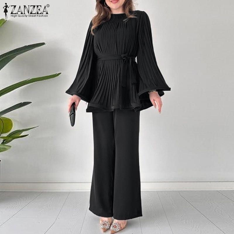 ZANZEA Women Long Sleeve Pleated Blouse and Pants Casual Two Piece Suit Sets