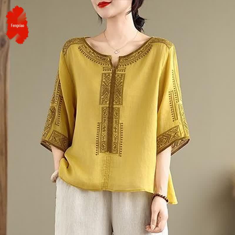 Women s Mid-Aged Summer Embroidered Short Sleeve T-Shirt 5XL жёлтый