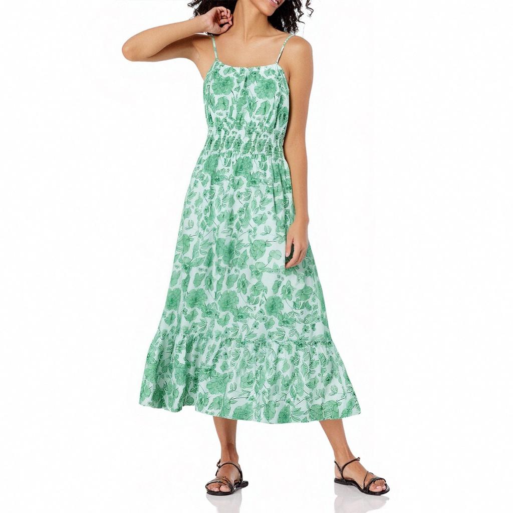 Dámské letní maxi šaty bez rukávů květinový špagetový pásek Smocked Boho Beach dlouhé šaty plážové oblečení na dovolenou
