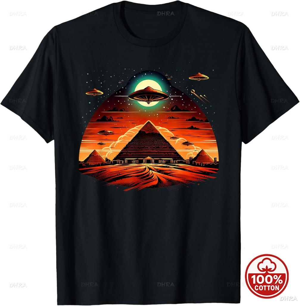 Aliens UFO Egyptian Pyramids Science Fiction Unisex Cotton TShirt Custom Printed Graphic T Shirts Y2k Funny Tshirt Streetwear