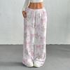 Women's Casual Fashion Printed Elastic Waist Loose Straight Leg Pants With Rope