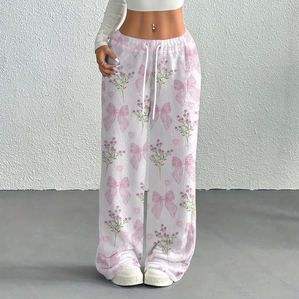 Women's Casual Fashion Printed Elastic Waist Loose Straight Leg Pants With Rope