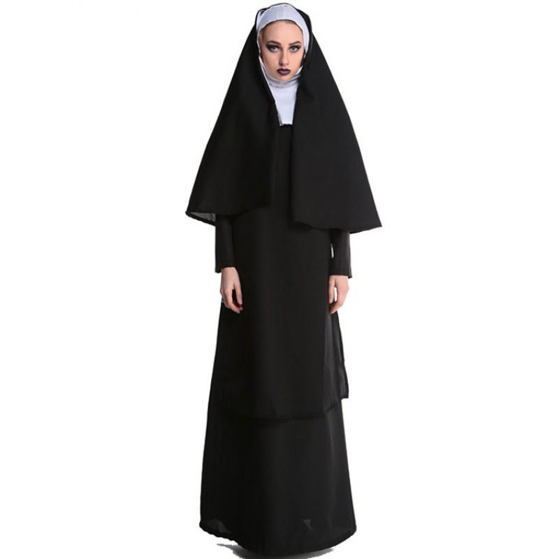 Halloween Nun Costume Adult Women Cosplay Party Stage Dress Black Milk Fabric