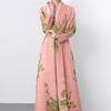 Spring Autumn Women Print Long Maxi Elastic Lace-up Coat Robe