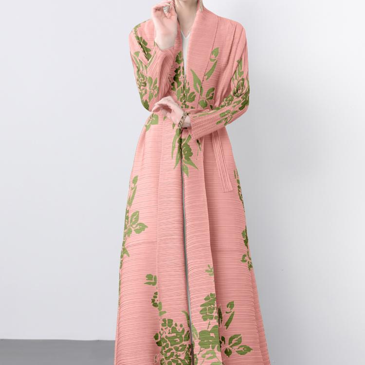 Spring Autumn Women Print Long Maxi Elastic Lace-up Coat Robe