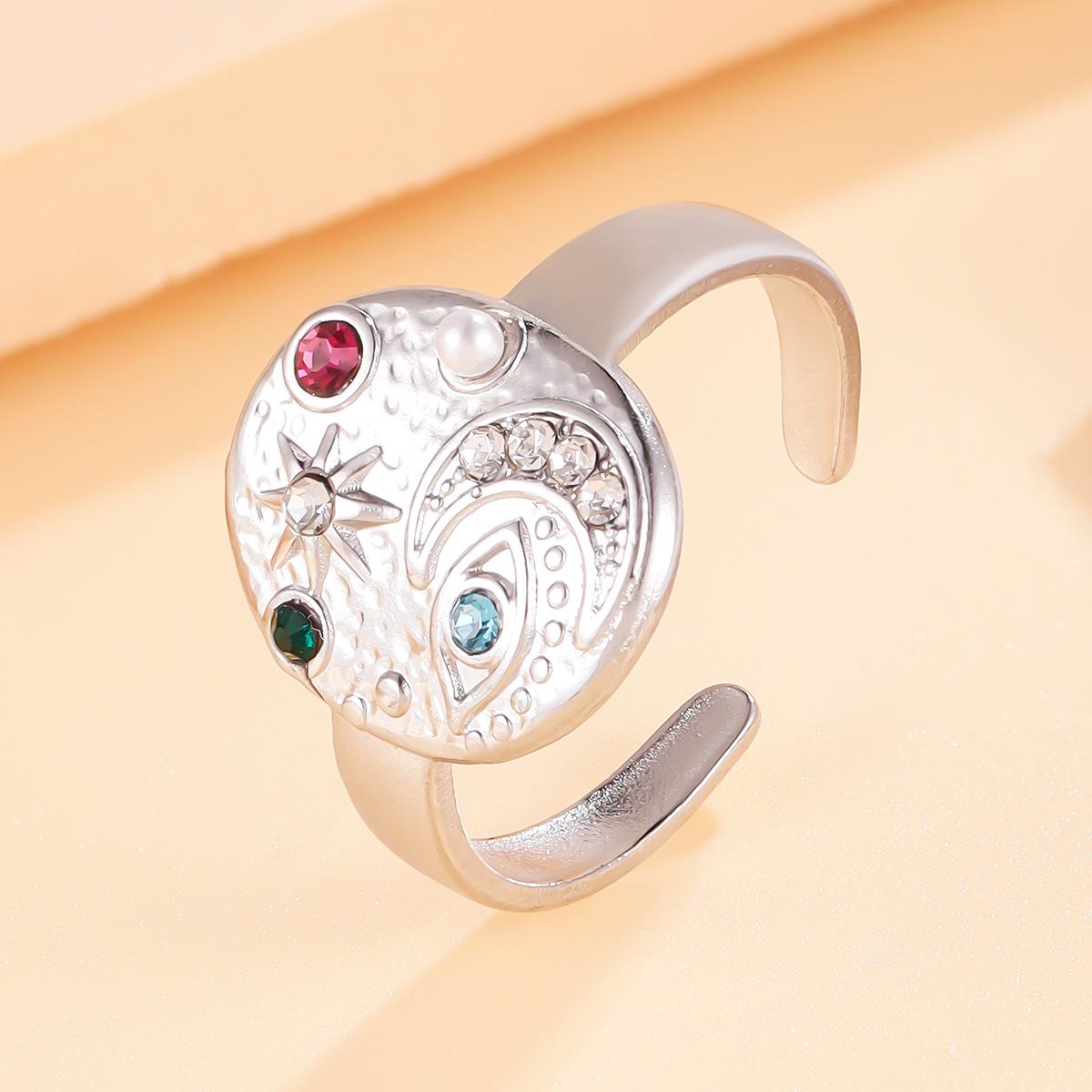 

Versatile Elegant Ancient-Style Colorful Rhinestone Stainless Steel Star and Moon Ring for Women