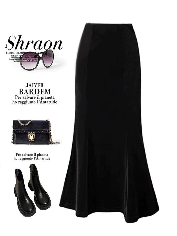 Women's High-Waisted Black Velvet Fishtail Midi Skirt - Fleece-Lined, Thickened, Slimming A-Line for Autumn/Winter