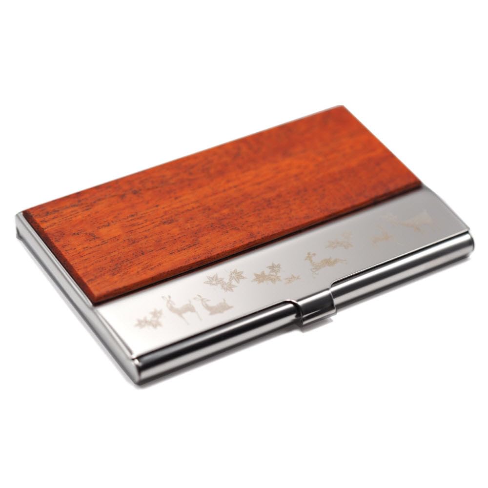 

[Spirit316] Business Card Holder SPCH13, Natural Wood Veneer, Mirror Finish, Makeup Mirror, Silver Case, Slim Design, Japanese-Style Engraving (Deer