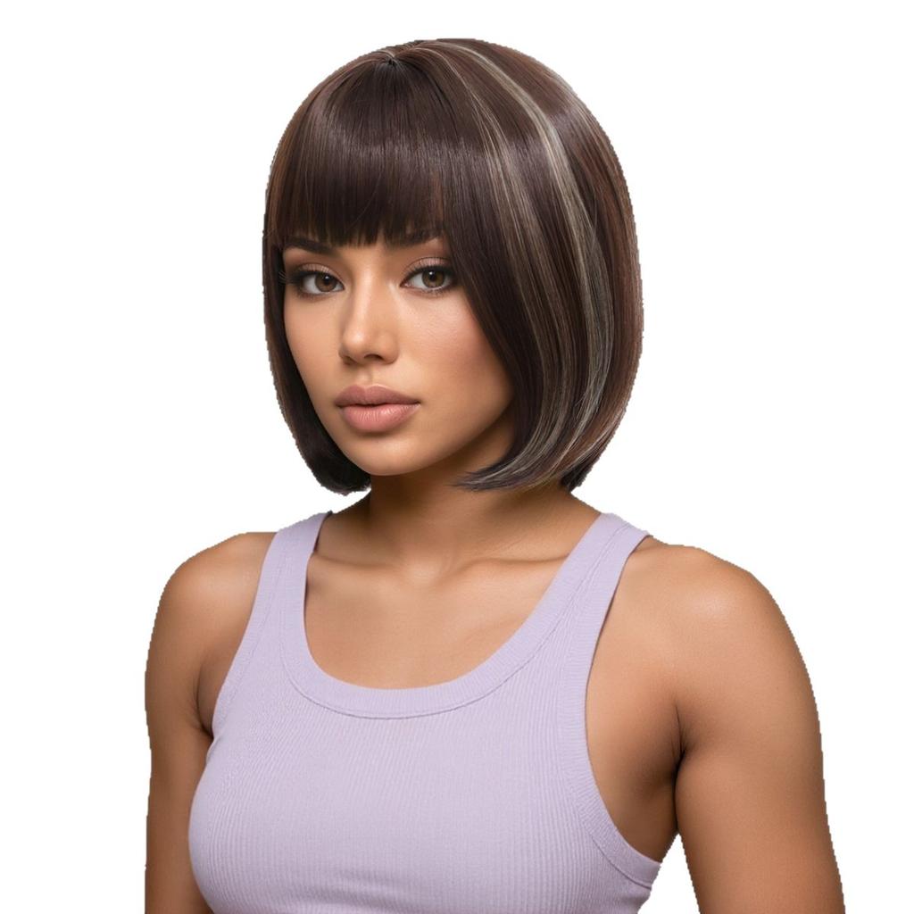 Women Short Wigs with Bangs Stylish Brown Mixed Blonde Hair Synthetic Wave Wig for Daily Cosplay Use Heat Resistant Fibre