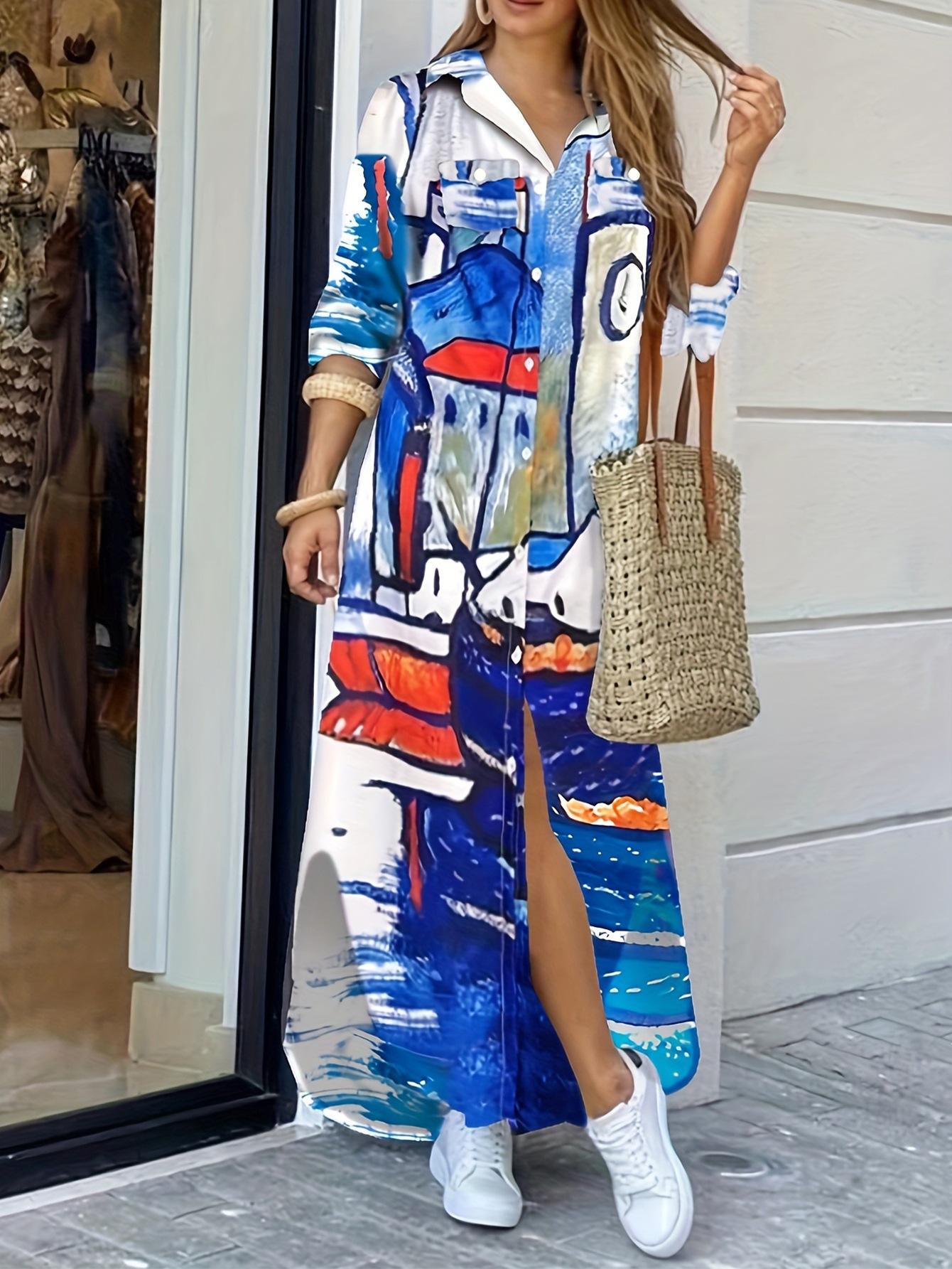 2024 Autumn Fashion Long Sleeve Printed Lining Dress Casual Long Dress Women S